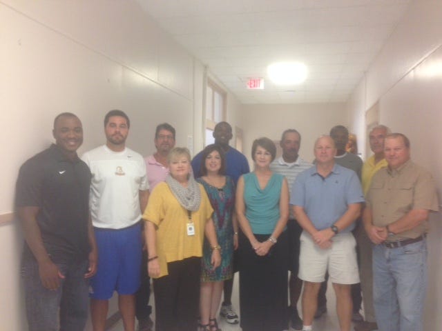 Pictured in the photo from L to R: Jonathan Walker, Dutchtown; Brian Young, East Ascension; Darrell Marquette, Donaldsonville; Linda Lamendola, Coordinator of Student Services; Lisa Bacala Instructional Leadership Partner/Secondary Supervisor; Nathan Clophus, East Ascension; Josette Guillory, Student Services Facilitator; Troy Templet, St. Amant; Jonathan Ramsey, St. Amant; Patrick Hill, Dutchtown; Dennis Beaver, St. Amant; William Mitchell, Dutchtown.