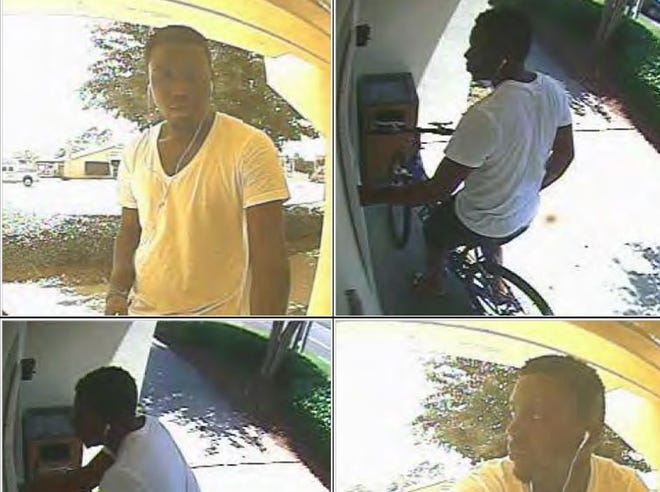 A composite group of images taken from an ATM video showing a person suspected of debit card fraud.