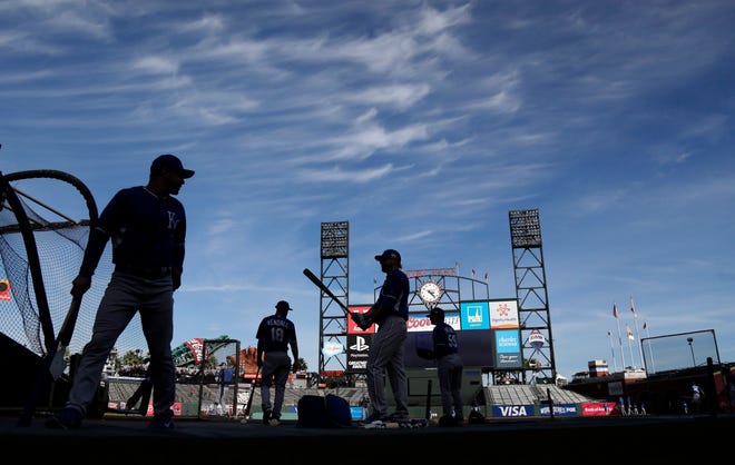 The Kansas City Royals take batting practice during a World Series workout on Thursday in San Francisco. The Royals and the San Francisco Giants play Game 3 of the Series in San Francisco tonight. AP photo
