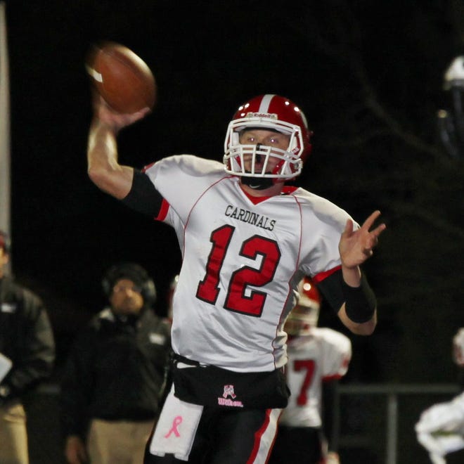 Forreston quarterback Robert DeVries throws a pass in the Cardinals’ win over Lena-Winslow earlier this month. DeVries has completed 54 percent of his passes for 657 yards but faces his biggest test tonight when the Cardinals, ranked No. 1 in Class 1A, face Class 2A No. 2-ranked Eastland-Pearl City for the NUIC Northwest title.