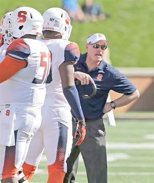 Syracuse coach Scott Shafer (right) talks to his team during a timeout in the second half of Saturday's game against Wake Forest. 



AP Photo/Chuck Burton
