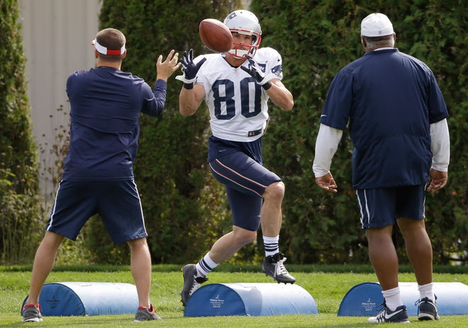 Patriots wide receiver Danny Amendola catches a pass during practice last month.