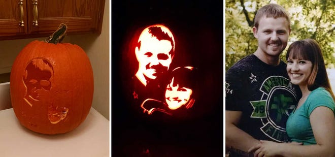 Michael Kanicki's submission into The Capital-Journal's Pumpkin Art contest has been selected as the winner. It took Kanicki and his girlfriend, Casey Gooden, of Topeka, five hours to carve the pumpkin. The photo at right is what they used for the carving, he said.