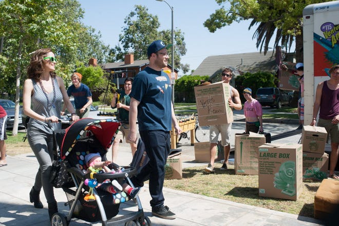 Rose Byrne and Seth Rogen check out the fraternity moving in next door in "Neighbors," the week's top rental DVD.