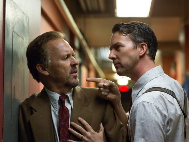 In this image released by Fox Searchlight Pictures, Michael Keaton, left, and Edward Norton appear in a scene from "Birdman." (AP Photo/Fox Searchlight, Alison Rosa) ORG XMIT: NYET127