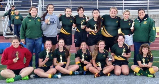 The Doylestown Dragons under-19 girls team won the Rugby PA State 7's Championship with a 3-1 record. Team members include (front row, from left) Anna Preston, Sam Kuhns, Alex Pogorzelski, Mia Walsh, Sophie Pyrz, Megan Lynott and Amelia Fisher. In the second row are assistant coach Kate McKenna, Sophia Pogorzelski, Keeley Boell, Lauren Hahn, LeeAnn Graziano, Olivia Searfass, Tori Robinson and head coach Stacy Mancuso. Sarah Bradley is missing from the photo.