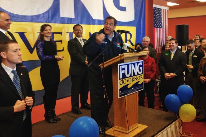 New Jersey Governor Chris Christie, on this third visit to Rhode Island for gubernatorial candidate Allan Fung, speaks to Fung supporters Monday morning.
