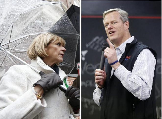 Democratic gubernatorial candidate Martha Coakley speaks with reporters Sunday after attending the wake for former Boston Mayor Thomas Menino at Faneuil Hall in Boston. Republican gubernatorial candidate Charlie Baker is seen Sunday during a campaign stop at The Base in Boston.