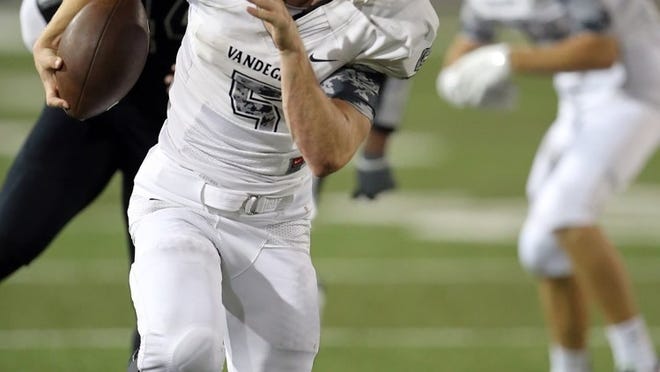 Vandegrift running back Travis Brannan, carrying the ball against Vista Ridge earlier this season, scored seven touchdowns in the Vipers’ 48-29 victory over Dripping Springs on Oct. 24. CREDIT: Jamie Harms/For American-Statesman