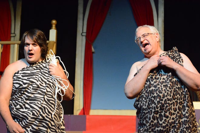 In Auburn Community Theater’s production of “Blame It on the Movies,” a musical revue of songs from Hollywood soundtracks, Levi Ludwick, left, and Rob Banks don animal skins as part of sequence honoring the “Road” pictures of Bing Crosby, Bob Hope and Dorothy Lamour.