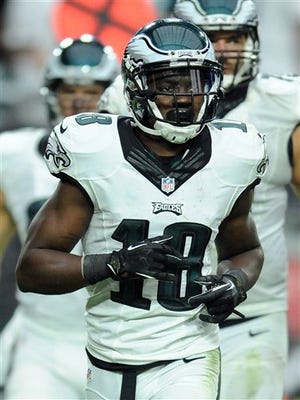 Philadelphia Eagles wide receiver (18) Jeremy Maclin on the field during a game against the Arizona Cardinals played at University of Phoenix Stadium in Glendale, Ariz. on Sunday, Oct. 26, 2014. (AP Photo/John Cordes)