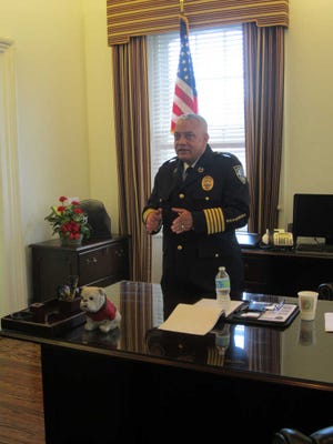 Police Chief Joseph "Jack" Lumpkin Sr. talks in his office at Savannah-Chatham police headquarters on Monday after being sworn in as Savannah's police chief earlier in the day. (Katie Martin/Savannah Morning News)