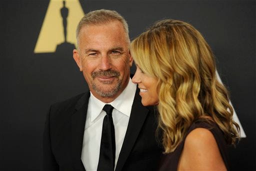 Kevin Costner, left, and Christine Baumgartner arrive at the 6th annual Governors Awards at the Hollywood and Highland Center on Saturday, Nov. 8, 2014 in Los Angeles. (Photo by Chris Pizzello/Invision/AP)
