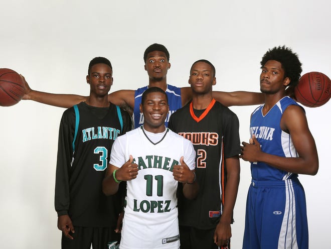 From left is Atlantic's Cornellius Reynolds, Father Lopez's Malik Maitland, Deltona's Chad Brown (who says he has a 7-foot-1 wingspan), Spruce Creek's Niko Green and Deltona's Evan Hinson.