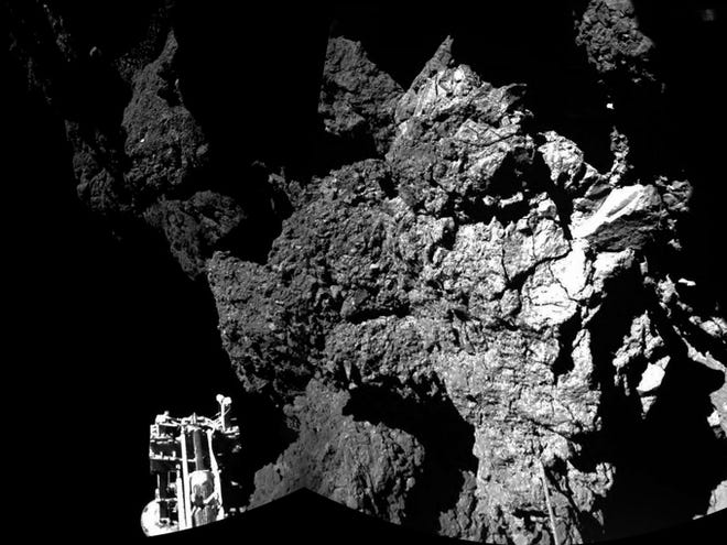The combination photo of different images taken with the CIVA camera system released by the European Space Agency ESA on Thursday shows Rosetta’s lander Philae as it is safely on the surface of Comet 67P/Churyumov-Gerasimenko, as these first CIVA images confirm. One of the lander’s three feet can be seen in the foreground. Philae became the first spacecraft to land on a comet when it touched down Wednesday on the comet, 67P/Churyumov-Gerasimenko.