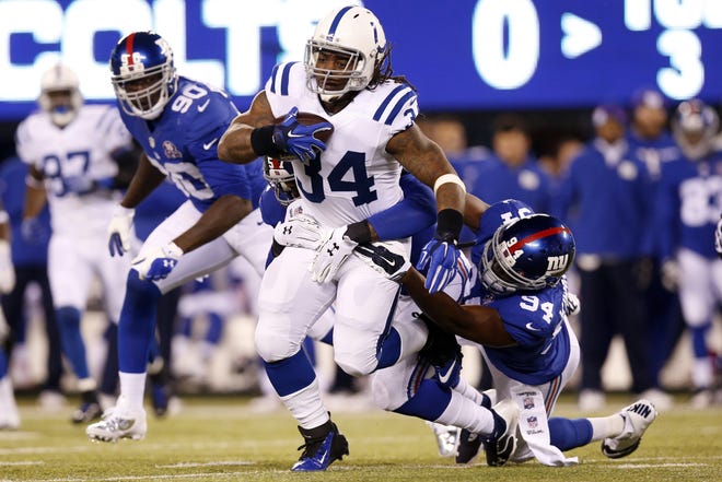 Trent Richardson leads the Colts in carries this year, but it's Ahmad Bradshaw who leads them in yards. Both backs could spell trouble for the Patriots on Sunday night. KATHY WILLENS/THE ASSOCIATED PRESS