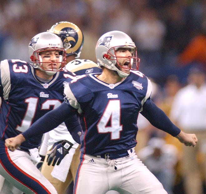ORG XMIT: 2/3/02--NEW ORLEANS, LA. -- Adam Vinateiri celebrates his game winning field goal as the Patriots defeat the St. Louis Rams in the Super Bowl.. Photo by Glenn Osmundson