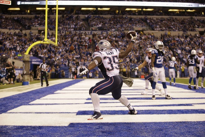 New England running back Jonas Gray celebrates a second-half touchdown Sunday at Indianapolis.
