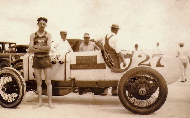 A race car from the Bunnell Service Garage ready for a spin on the beach.
