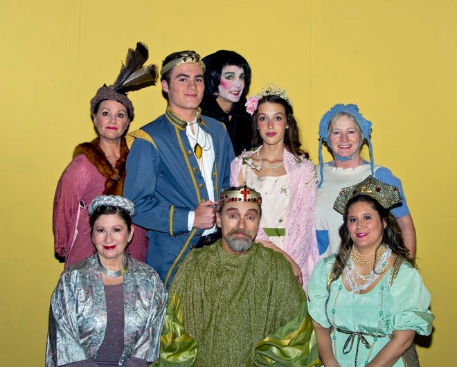 Seated from left: Lori March, John Timm and Destiny McNally. Standing: Michelle Maynard, Cooper Bruhns, Alyssa Lucido and Barbara Soulé. Behind standing group: Laura Flett as Evilina.