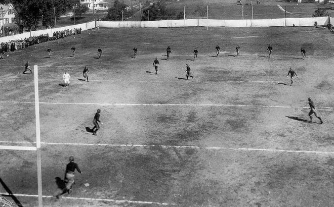 Historical Society A rare glimpse of the Leominster High School Football Field circa 1920. The field was behind the high school on West Street. Hall Street bounds the left side of the field, and Merriam Avenue runs parallel to the far end zone. Note the “dead heads,” those who welched on an admission ticket, on the far bluff.