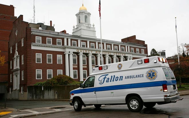 A Fallon Ambulance Service ambulance in front of Quincy Medical Center.