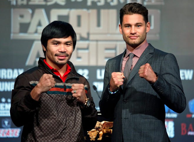 WBO Welterweight champion Manny Pacquiao, left, and WBO junior welterweight champion Chris Algieri will be meeting Saturday night in Macau. Associated Press