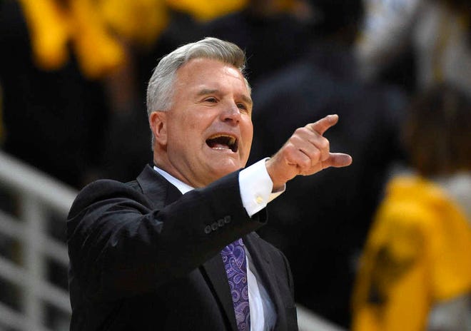Kansas State head coach Bruce Weber gestures during the first half of Friday night's game at Long Beach State. The Wildcats lost, 69-60, for their first defeat of the season.