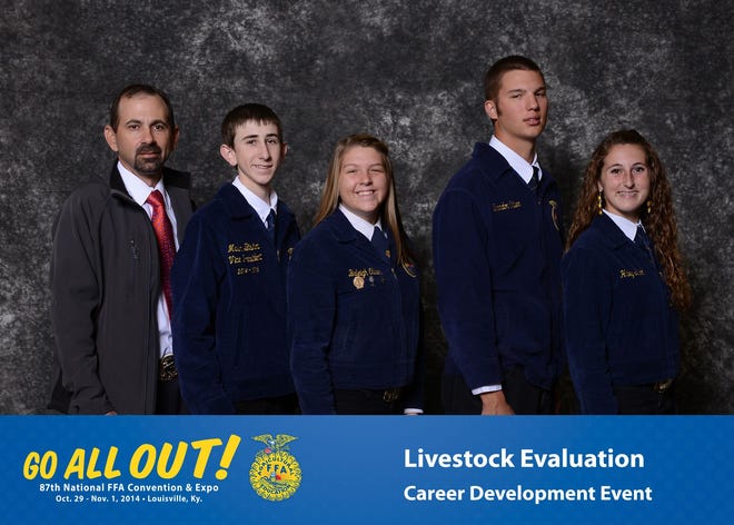 Members of DeLand’s FFA team that brought home a silver emblem from the National FFA Livestock Evaluation Career Development Event are (from left) advisor Brett Brandner, Mason Bishop, Baleigh Oliver, Brandon Oliver and Haley Stark.