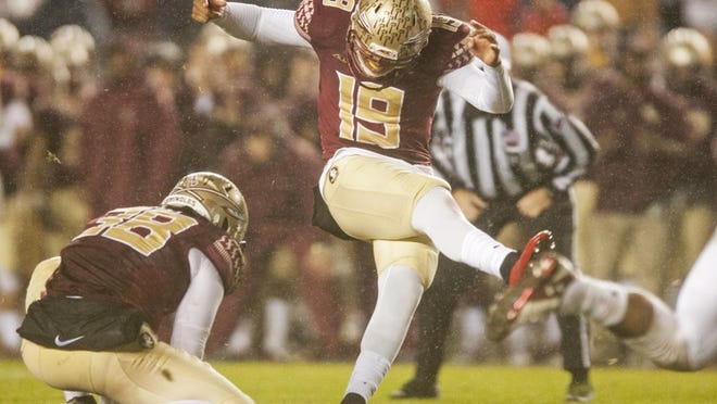 Kicker Roberto Aguayo #19 of the Florida State Seminoles kicks the game winning field goal against the Boston College Eagles during the game at Doak Campbell Stadium on November 22, 2014 in Tallahassee, Florida. The Seminoles defeated the Eagles 20-17. (Photo by Jeff Gammons/Getty Images)