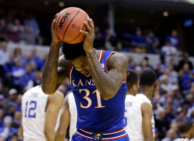 Kansas' Jamari Traylor reacts after missing a shot during the first half of Tuesday's loss to Kentucky in Indianpolis. Traylor and the Jayhawks will look to bounce back against Rider on Monday night in Lawrence.