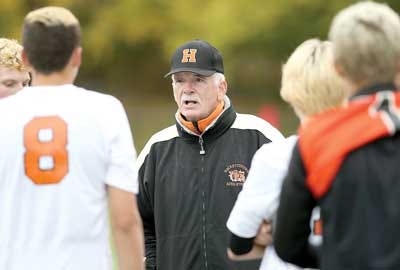 Photo by Daniel Freel/New Jersey Herald — After 41 years on the Hackettstown bench, boys soccer coach Gary Thomas will retire after winning state title on Sunday.