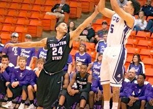 Tarleton's Michael Hardge defends a shooter in the Texans' exhibition opener against TCU. Hardge the rest of the TSU roster have jumped into the No. 8 spot of the most recent National Associaon of Basketball Coaches' poll.