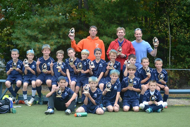 The York U-12 boys soccer team recently beat Arcadia Fire, 4-1 in the state championship game in Buxton. Pictured, front row, from left, Josh Gennaro, Rhys Evans, Gabe Sarno, Tim Fitzgerald, and Ben Soares. Second row, from left, Andy Furlong, Riley Cronin, Alex Neilson, Brian kenealy, Brady Cummins, Matt Leclerc, Connor D'Aquila, Calvin May, Evan Rankin, Quenton Convery, and Jonathan Leal. Back row, from left, coaches Matt Convery, Chris Sarno, and Jim Cronin. Courtesy photo