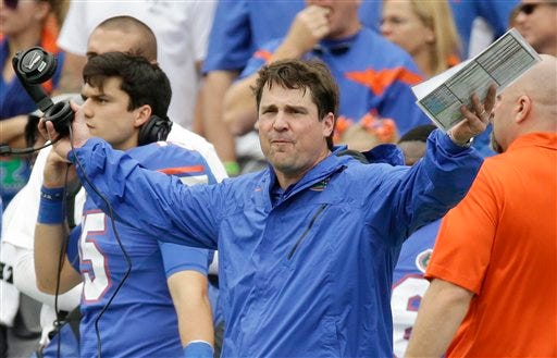 Florida head coach Will Muschamp waves his arms after disputing a call by officials during the first half of an NCAA college football game against Eastern Kentucky in Gainesville, Fla., Saturday, Nov. 22, 2014.