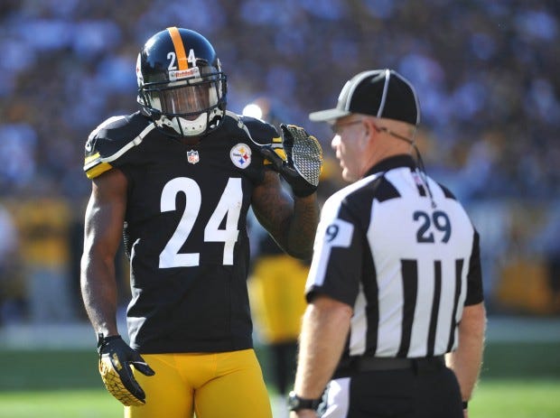 Ike Taylor, shown questioning a ref during a game last season, is back following a broken forearm.
