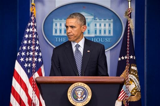 President Barack Obama speaks to the media in the briefing room of the White House, Monday, Nov. 24, 2014, in Washington, after the Ferguson grand jury decided not to indict police officer Darren Wilson in the shooting death of Michael Brown. (AP Photo/Jacquelyn Martin)
