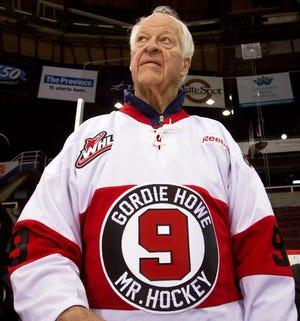 FILE- In this Feb. 2, 2013, file photo, hockey great Gordie Howe, part owner of the Western Hockey League's Vancouver Giants, looks on during a team news conference in Vancouver, British Columbia. Gordie Howe has another stroke, this one "significant," his daughter says. Therapists tending to Howe arrived at the daughter's house Monday, Dec. 1, 2014, and found him nonresponsive in bed.(AP Photo/The Canadian Press, Darryl Dyck, File)