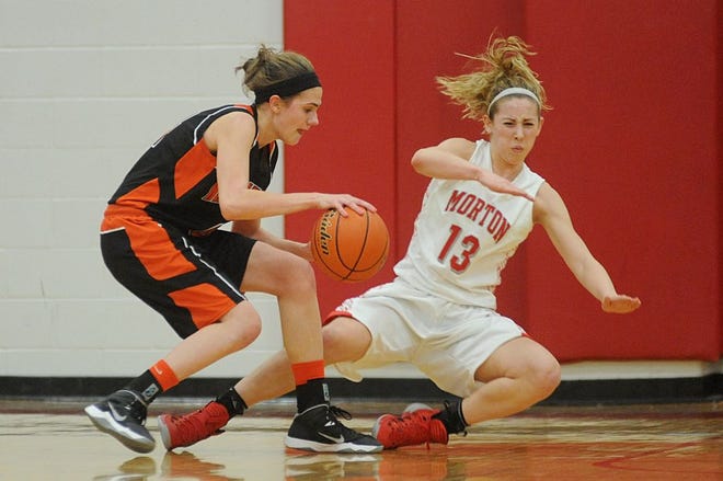 Washington's Jess Learned dribbles around Morton's Brandi Bisping during a game last season. The Panthers and Potters are two of the many contenders this year in the Mid-Illini Conference girls basketball race.