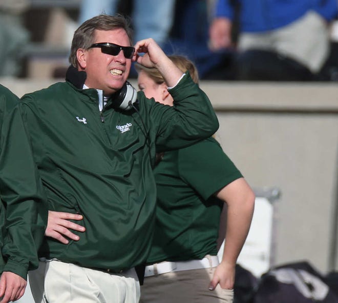 Colorado State head coach Jim McElwain reacts after his team gave up a touchdown to Air Force in the first quarter of an NCAA college football game at Air Force Academy, Colo., on Friday, Nov. 28, 2014. (AP Photo/David Zalubowski)