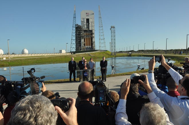 NASA Administrator Charles Bolden addresses the media on the flight of Orion EFT-1 at Space Launch Complex 37 at Kennedy Space Center on Wednesday morning.