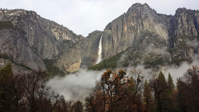 Upper Yosemite Falls flows at full force after two days of significant rainfall in Yosemite National Park. A second day of much-needed rain fell across drought-stricken California on Wednesday, but the storm had so far produced few of the problems such as flooding and mudslides that had threatened areas left barren by wildfires.