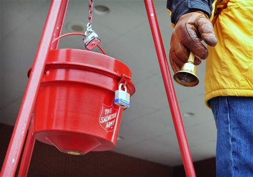 The holiday season is underway with the appearance of the Salvation Army donation kettles and bell ringers. This year's campaign will run 43 days according to Capt. David Swyers in Wichita Falls, Texas, Friday, Nov. 14, 2014. (AP Photo/Wichita Falls Times Record News, Torin Halsey)