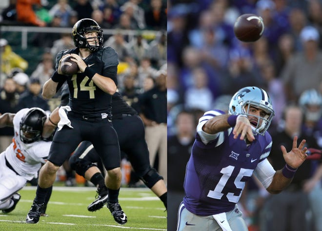 To describe Baylor’s offense as prolific is an understatement. Bryce Petty, left, andtThe Bears (10-1, 7-1 Big 12) lead the nation in total offense with 581.1 yards per game and scoring with 49.8 points.
But the No. 5 Bears also must be on guard against the No. 9 Wildcats’ ability to go long in the passing game with quarterback Jake Waters throwing to Tyler Lockett and Curry Sexton, setting the stage for what could be a shootout with the Big 12 Conference title on the line at 6:45 p.m. Saturday at McLane Stadium.