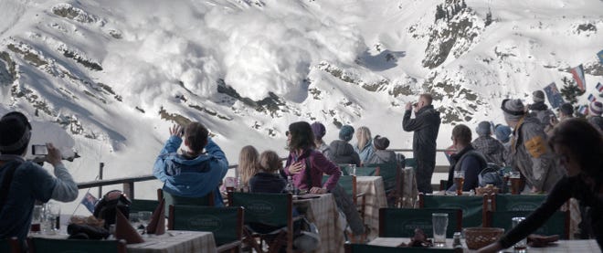 Diners in an alpine resort watch transfixed as an avalanche rumbles down a mountain in "Force Majeure," Sweden's entry in the Best Foreign Film Oscar race.