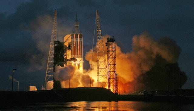 A Delta IV heavy rocket carryng the Orion spacecraft launches Friday, Dec. 5, 2014 at launch complex 37B at Cape Canaveral, Fla. The two-orbit, four-hour unmanned flight test will evaluate the systems critical to crew safety. (Red Huber/Orlando Sentinel/TNS) 
 A Delta IV heavy rocket carryng the Orion spacecraft launches Friday, Dec. 5, 2014 at launch complex 37B at Cape Canaveral, Fla. The two-orbit, four-hour unmanned flight test will evaluate the systems critical to crew safety. (Red Huber/Orlando Sentinel/TNS)