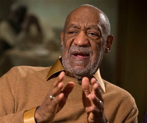 FILE - In this Nov. 6, 2014 file photo, entertainer Bill Cosby gestures during an interview about the upcoming exhibit, "Conversations: African and African-American Artworks in Dialogue, " at the Smithsonian's National Museum of African Art, in Washington. Cosby's attorney Martin Singer wrote in a court filing on Thursday Dec. 4, 2014, that a sexual battery lawsuit filed by a Southern California woman claiming she was sexually abused by the comedian in 1974 was an attempt at extortion. A letter from Singer included with the filing shows Cosby rejected Judith Huth's demand for money from the comedian on Monday, Dec. 1, 2014, one day before her attorney filed the suit in Los Angeles Superior Court. (AP Photo/Evan Vucci, File)