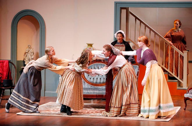 Emily McGuire, as Beth March, left; Rachel Potts, as Amy March; Zoe Jones, as Jo March; Dianna Brown Shaw, as Hannah; Alex McDonald, as Meg March; and Kate Gates, as Mrs. “Marmee” March, will perform in the Theatre Tuscaloosa production of “Little Women.”