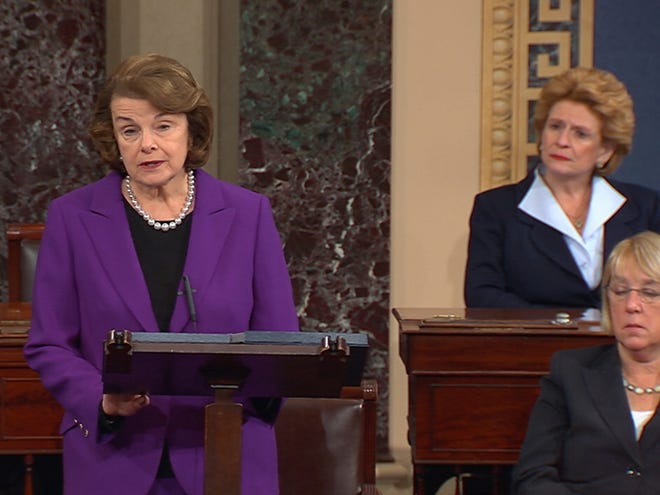 This frame grab from video, provided by Senate Television, shows Senate Intelligence Committee Chair Sen. Dianne Feinstein, D-Calif., speaking Tuesday on the floor of the Senate on Capitol Hill in Washington. Senate investigators have delivered a damning indictment of CIA interrogation practices after the 9/11 attacks, accusing the agency of inflicting pain and suffering on prisoners with tactics that went well beyond legal limits.