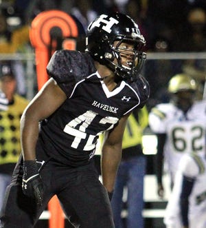 Havelock linebacker Anthony Fisher returned to the Rams' lineup in time for the teams 3A playoff run. He had 19 tackles in the state finals last year versus Concord and will be a player to watch when Crest faces Havelock in Saturday's championship game. (Halifax Media photo)